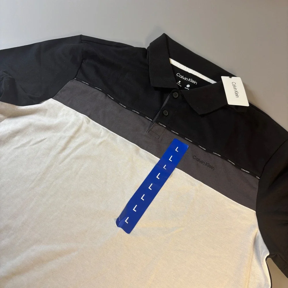 Calvin Klein Men's‎ Large Black White Gray Polo Shirt Quick Drying Wicking NWT